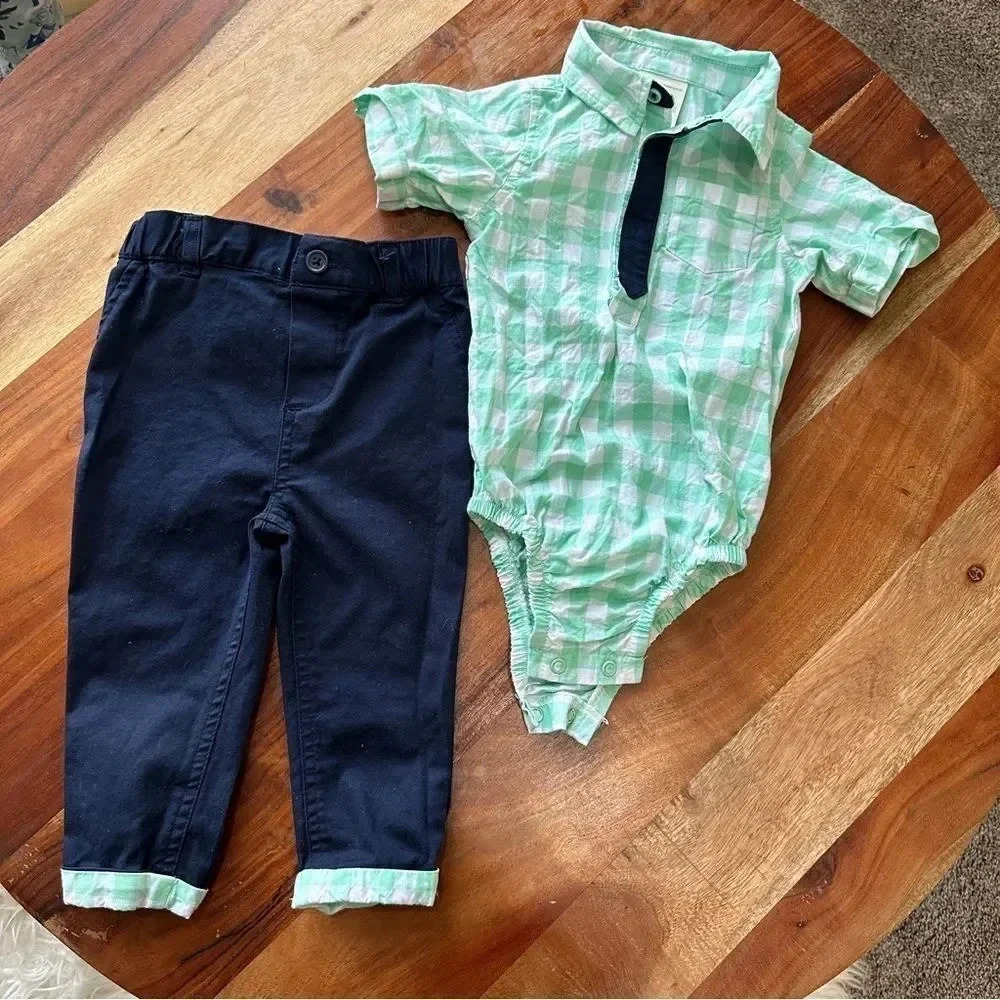 MACY’S FIDST IMPRESSION Baby Boy 12M Dressed‎ Up Outfit Green Gingham Check